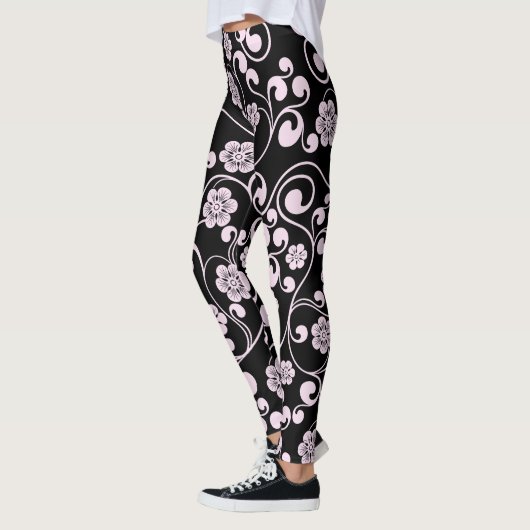Zwart en roze Floral Pattern Women's Workout Leggings (Links)