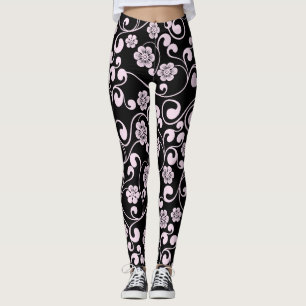Zwart en roze Floral Pattern Women's Workout Leggings
