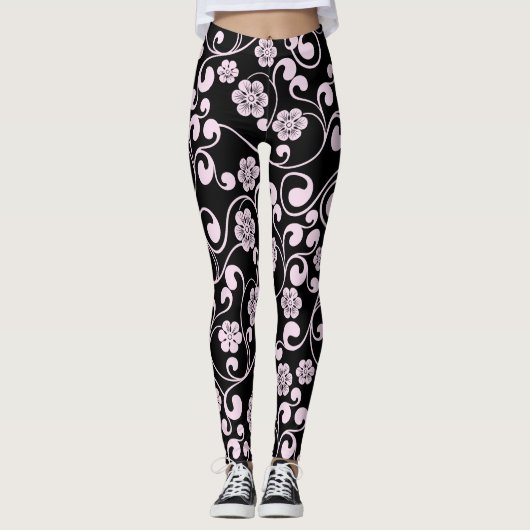 Zwart en roze Floral Pattern Women's Workout Leggings (Voorkant)