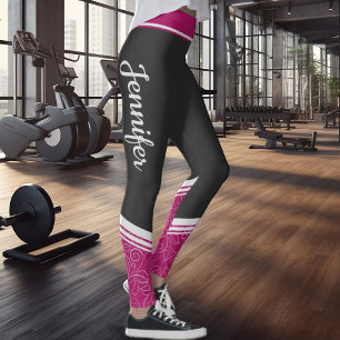 Zwart en roze florale witte strepen & naam leggings