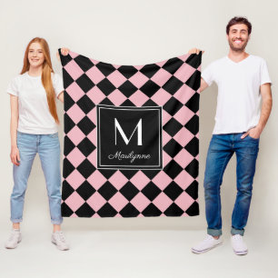 Zwart en roze geruit modern monogram naam fleece deken