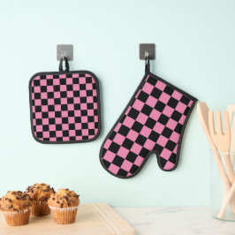 Zwart en roze geruit motief ovenwant & pannenlap set