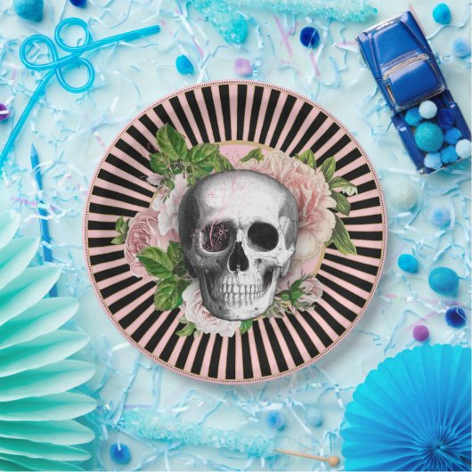Zwart en Roze Gestreept Floral Skull Bord (Feest)
