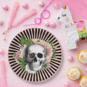 Zwart en Roze Gestreept Floral Skull Bord (Feest)