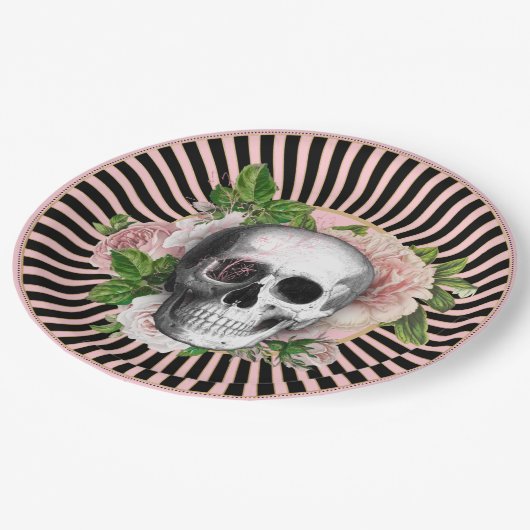 Zwart en Roze Gestreept Floral Skull Bord (Gekanteld)