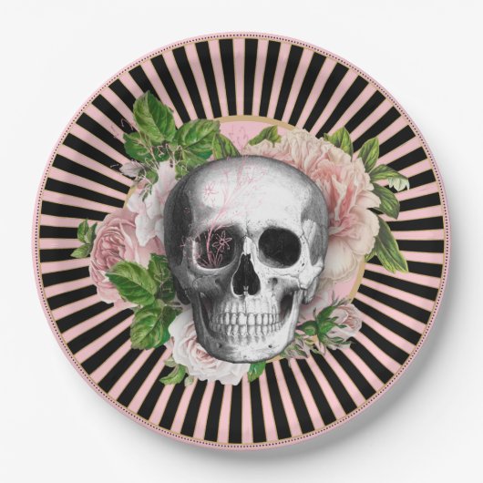 Zwart en Roze Gestreept Floral Skull Bord (Voorkant)