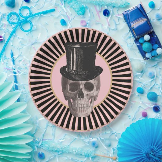 Zwart en Roze Gestreepte Schedel Bord (Feest)