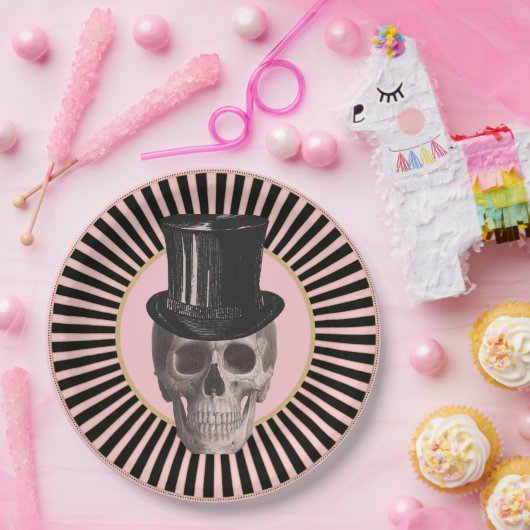 Zwart en Roze Gestreepte Schedel Bord (Feest)