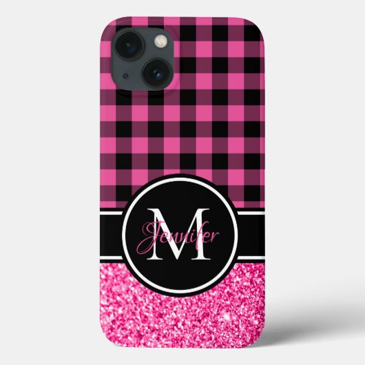 Zwart en roze glinster Buffalo geruit monogram Case-Mate iPhone Case (Achterkant)