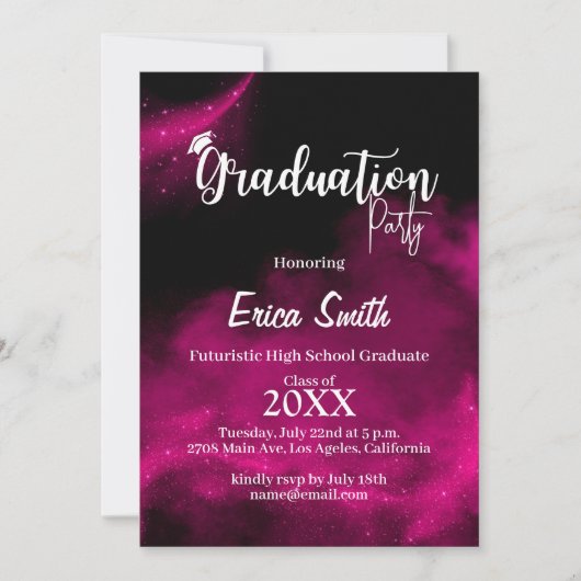 Zwart en Roze Glitter Afstudeerfeest Kaart (Voorkant)
