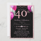 Zwart en Roze Glitter Ballonnen 40e Verjaardag Kaart (Voorkant)