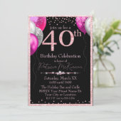 Zwart en Roze Glitter Ballonnen 40e Verjaardag Kaart (Staand voorkant)