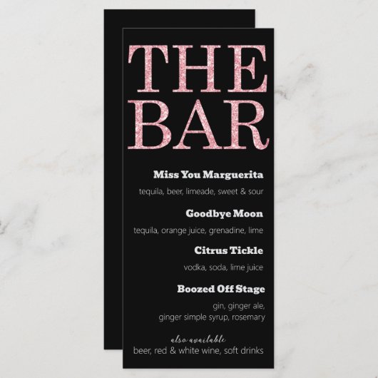 Zwart en Roze Glitter Drinken Menu voor The Bar (Voorkant / Achterkant)
