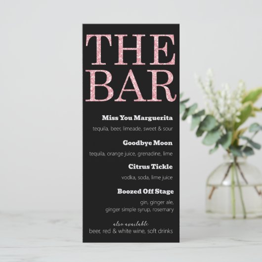 Zwart en Roze Glitter Drinken Menu voor The Bar (Staand voorkant)