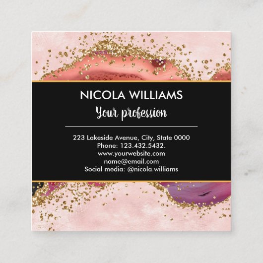 Zwart en roze glitter marmer Agate Vierkante Visitekaartje (Achterkant)