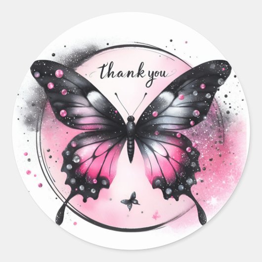 Zwart en Roze Glitter Vlinder - Dank u - Ronde Sticker (Voorkant)