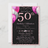 Zwart en Roze Glitterballonnen 50ste verjaardag Kaart (Voorkant)