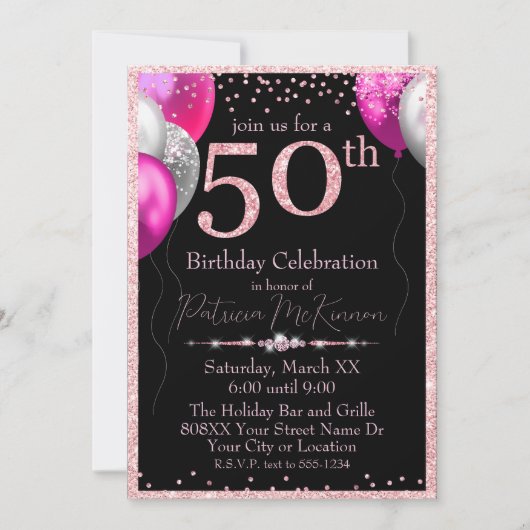Zwart en Roze Glitterballonnen 50ste verjaardag Kaart (Voorkant)