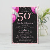 Zwart en Roze Glitterballonnen 50ste verjaardag Kaart (Staand voorkant)