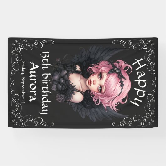 Zwart en roze Gothic Fairy 13e Happy Birthday Spandoek (Horizontaal)