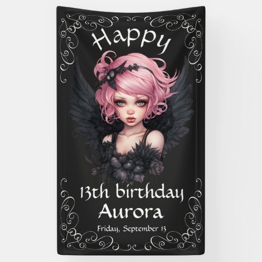 Zwart en roze Gothic Fairy 13e Happy Birthday Spandoek (Verticaal)