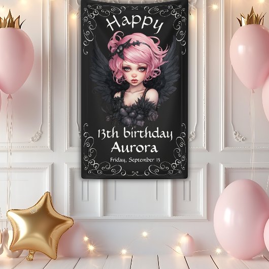 Zwart en roze Gothic Fairy 13e Happy Birthday Spandoek