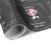 Zwart en roze Gothic Fairy 13e Happy Birthday Tege Cadeaupapier (Rol Hoek)