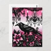 Zwart en Roze Gotische Kerstmis Raven en Bloemen Briefkaart (Voorkant / Achterkant)