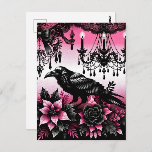 Zwart en Roze Gotische Kerstmis Raven en Bloemen Briefkaart (Voorkant / Achterkant)