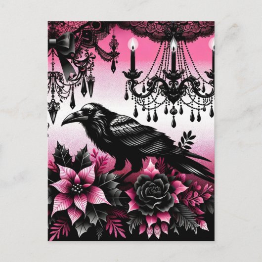 Zwart en Roze Gotische Kerstmis Raven en Bloemen Briefkaart (Voorkant)
