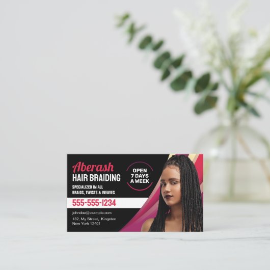 Zwart en Roze Haar Vlechtende Salon Foto toevoegen Visitekaartje (Staand voorkant)