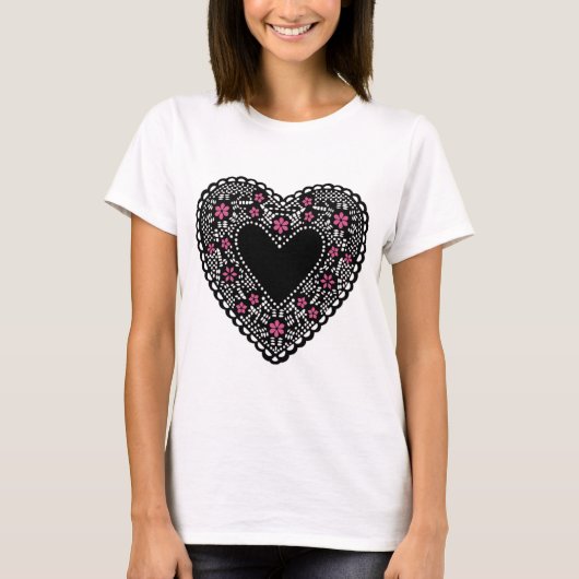 Zwart en Roze Lace Heart T-shirt (Voorkant)