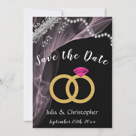 Zwart en roze met wedrennen en zilver save the date (Voorkant)