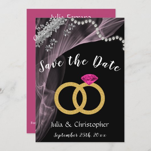 Zwart en roze met wedrennen en zilver save the date (Voorkant / Achterkant)