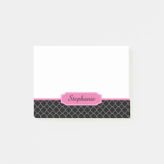 Zwart en Roze Monogram Quatrefoil Post-it® Notes (Voorkant)