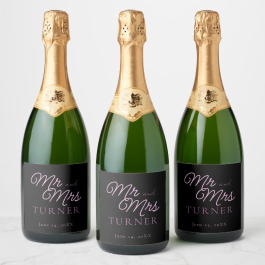 Zwart en roze Mr en Mrs Wedding Sparkling Wijnetiket (Flessen)