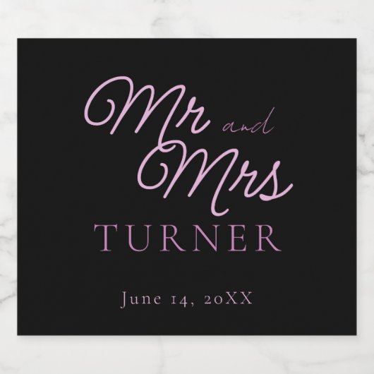 Zwart en roze Mr en Mrs Wedding Sparkling Wijnetiket (Enkel label)