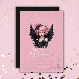 Zwart en Roze Pastel Gothic Fairy 13e Verjaardag Folie Uitnodiging