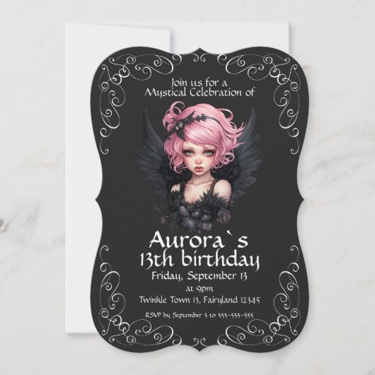 Zwart en Roze Pastel Gothic Fairy 13e Verjaardag Kaart (Voorkant)