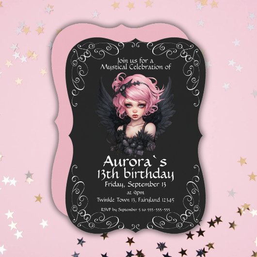 Zwart en Roze Pastel Gothic Fairy 13e Verjaardag Kaart