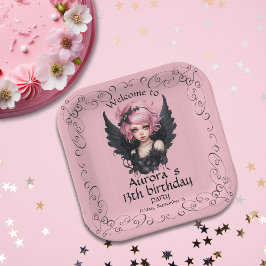 Zwart en Roze Pastel Gothic Fairy 13e Verjaardag Papieren Bordje