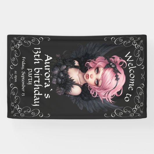 Zwart en Roze Pastel Gothic Fairy 13e Verjaardag Spandoek (Horizontaal)