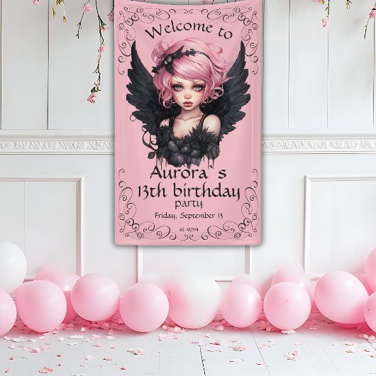 Zwart en Roze Pastel Gothic Fairy 13e Verjaardag Spandoek