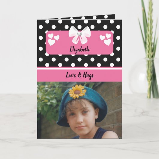 Zwart en roze poka stipt foto verjaardagsgroet kaart (Voorkant)