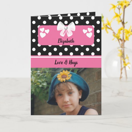 Zwart en roze poka stipt foto verjaardagsgroet kaart (Gele Bloem)