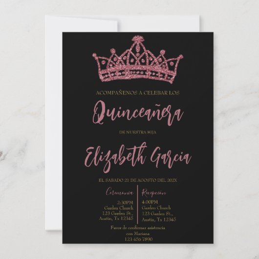 Zwart en roze quinceañera uitnodigen kaart (Voorkant)