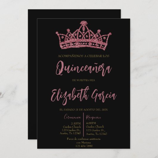 Zwart en roze quinceañera uitnodigen kaart (Voorkant / Achterkant)