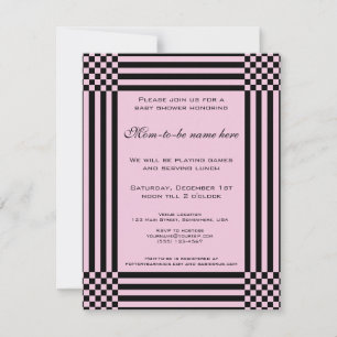 Zwart en roze ruitjes strepen baby shower kaart