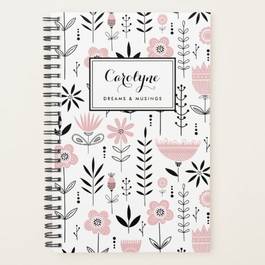 Zwart en roze Scandinavische bloemmotief Planner (Voorkant)