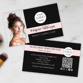 Zwart en roze script logo QR-code foto make-up Visitekaartje
